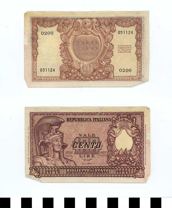 Thumbnail of Bank Note: Italy, 100 Lire (1998.03.0742)