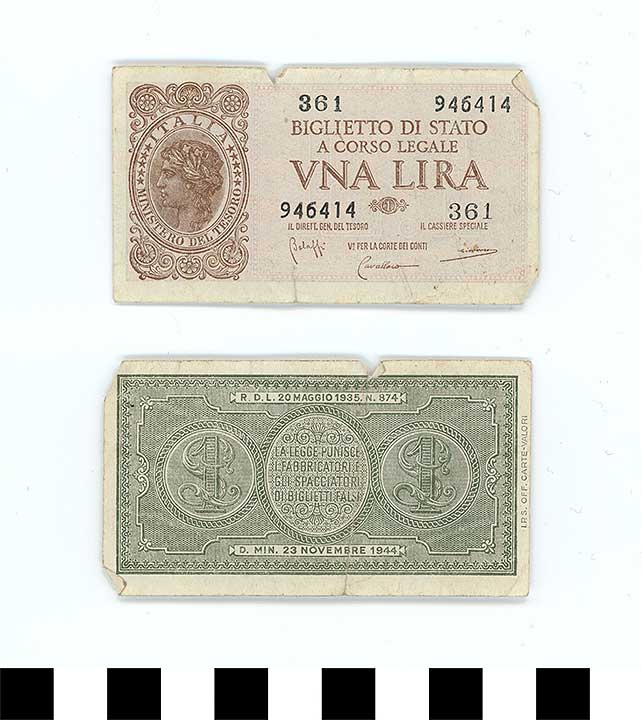 Thumbnail of Bank Note: Italy, 1 Lire (1998.03.0749)