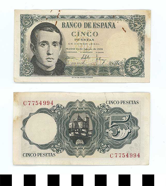 Thumbnail of Bank Note: Kingdom of Spain, 5 Pesetas (1998.03.0750)