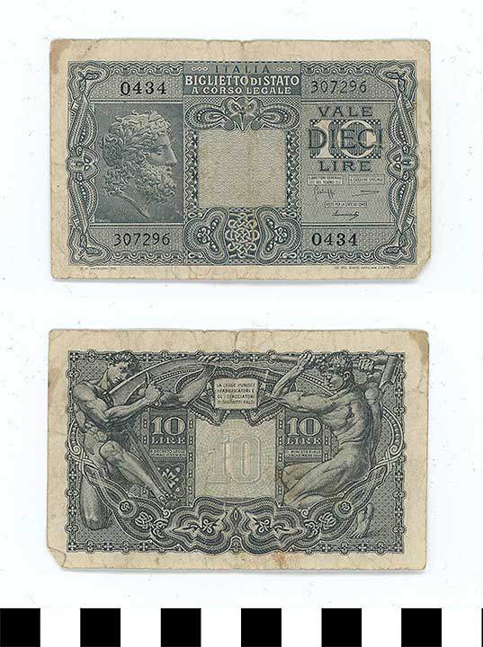 Thumbnail of Bank Note: Italy, 10 Lire (1998.03.0765)