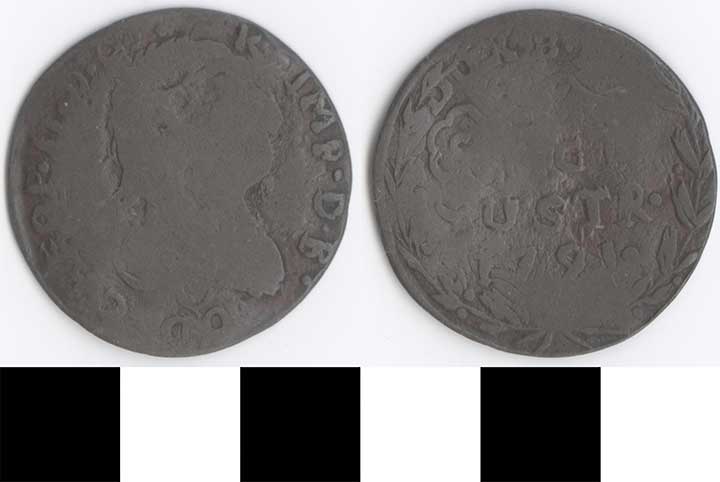 Thumbnail of Coin: Barbarous copy of Belgian Sou coin 1791 from Palestine-Levant (1971.15.3318)