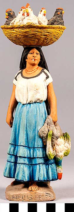 Thumbnail of Clay Figurine: Woman with Basket of Chickens on Her Head, by Serafin Marsal  (2020.04.0005)