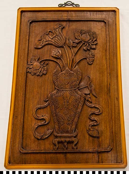 Thumbnail of Framed Carving of Vase with Full Bloom Flowers (2020.06.0295)