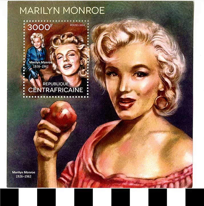 Thumbnail of Souvenir Stamp Sheet: Jimmy James as Marilyn Monroe from How to Marry a Millionaire (2021.05.0006A)