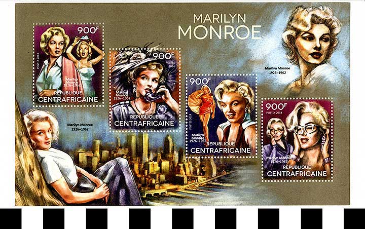 Thumbnail of Souvenir Stamp Sheet: Jimmy James as Marilyn Monroe from How to Marry a Millionaire (2021.05.0006B)