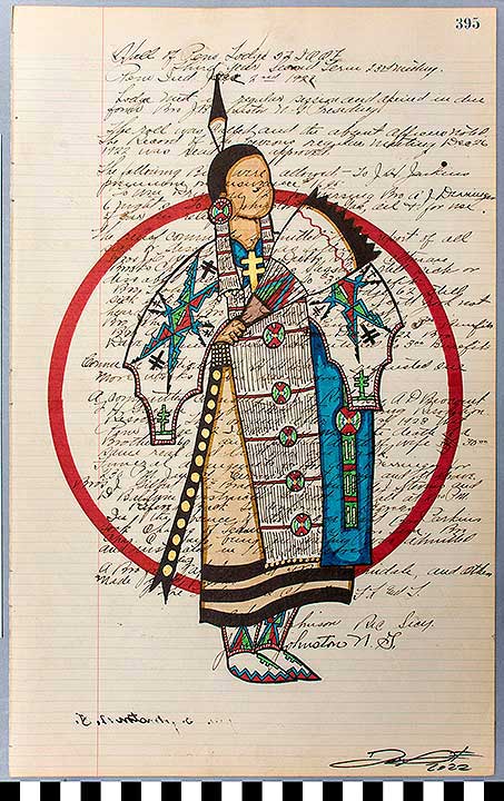 Thumbnail of Ledger Painting; Grand Entry, Nahakeyawewin ᓇᐦᐋᑫᔭᐁᐧᐃᐧᐣ (Graceful) (2022.03.0002)