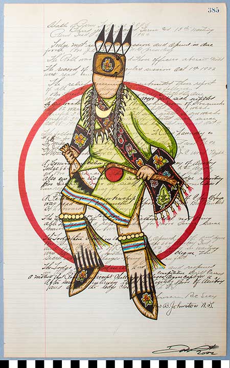 Thumbnail of Ledger Painting: Grand Entry, Sakawiyiniw ᓴᑳᐃᐧᔨᓂᐤ (He Is From The Woods) (2022.03.0003)
