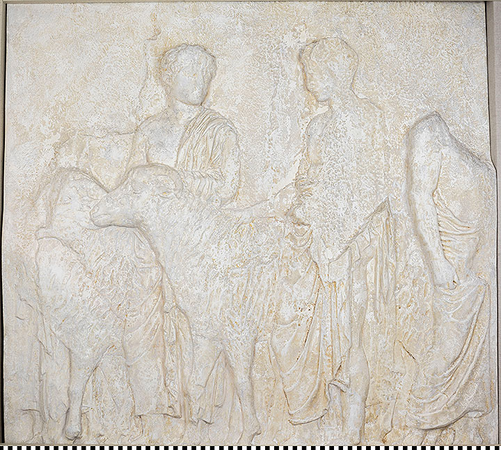 Thumbnail of Plaster Cast of North Parthenon Frieze Panel- Three Youths Conducting Three Sheep, and a Marshal (1911.03.0008)