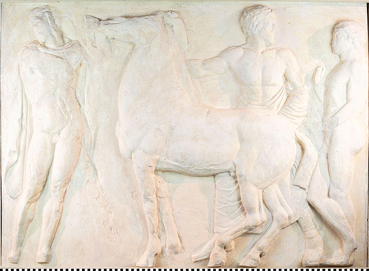 Thumbnail of Plaster Cast of West Parthenon Frieze Panel–Two Men and a Boy Standing Beside a Horse (1912.02.0009)