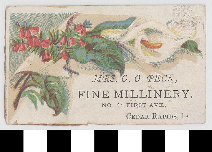 Thumbnail of Business Advertisement Card: Mrs. C. O. Peck, Fine Millinery (1972.21.0356)