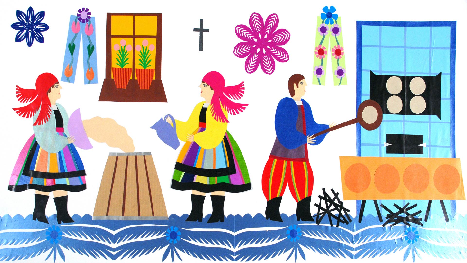 a scene of polish people working in a kitchen made out of cut pieces of colored paper