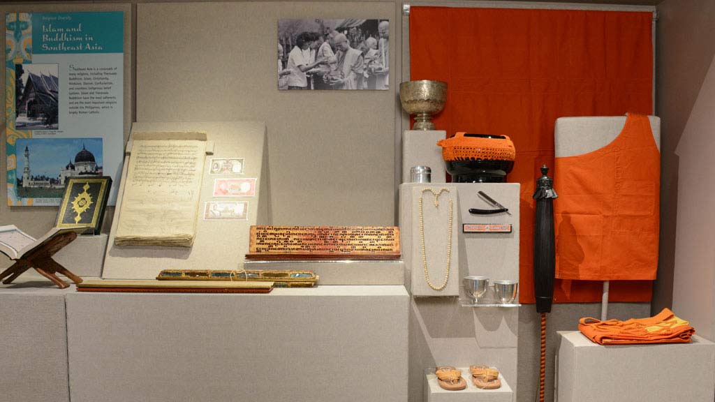 A display case from Southeast Asia and Oceania: 