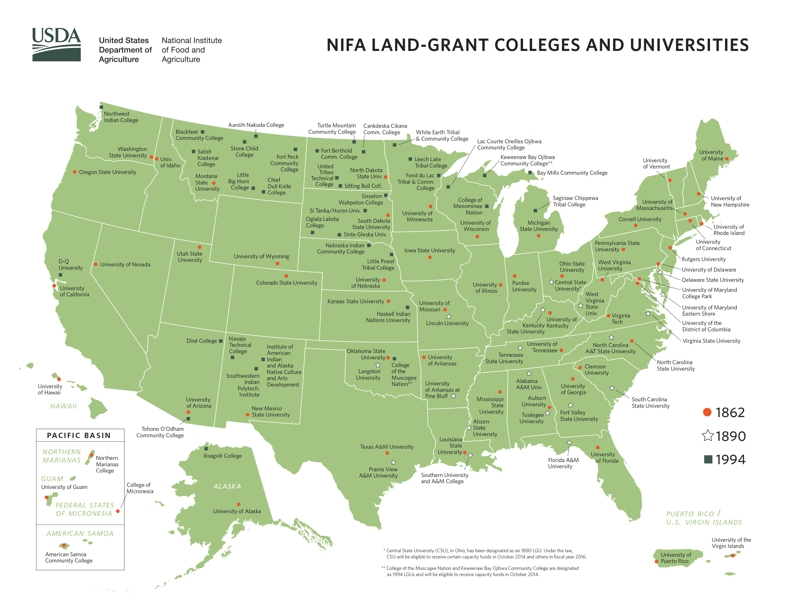 USA map depicting the location of all Land Grant College and Universities and their authorization date (1862, 1890, or 1994).