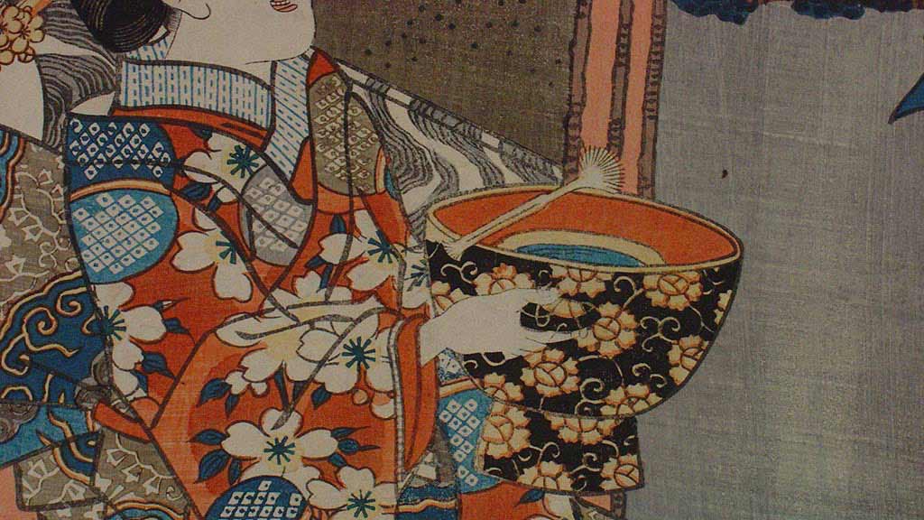female kimono and teapot detail view