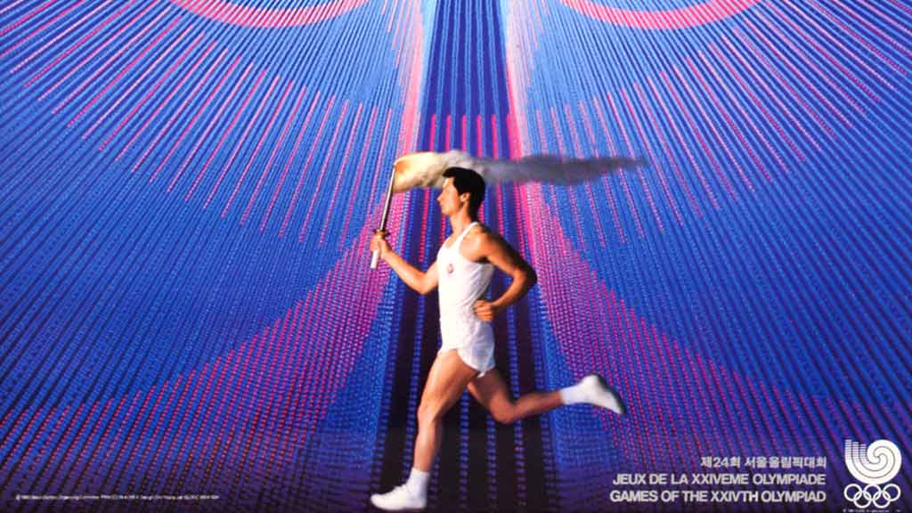 Man running with Olympic torch on lined background