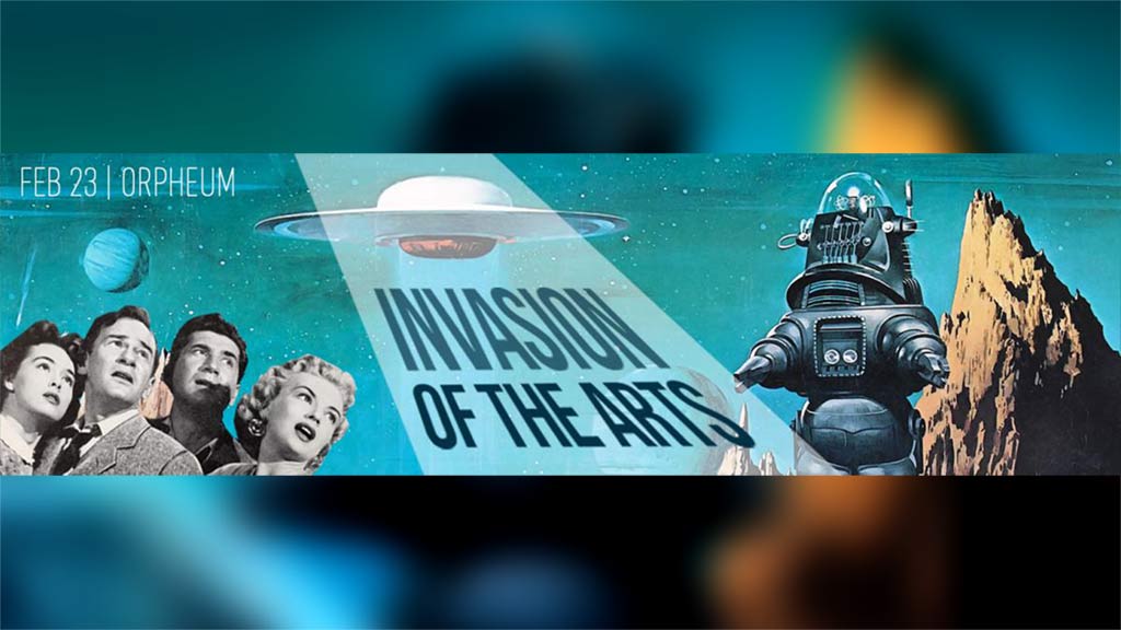 Invasion of the Arts title card featuring a group of people looking at a robot and a UFO