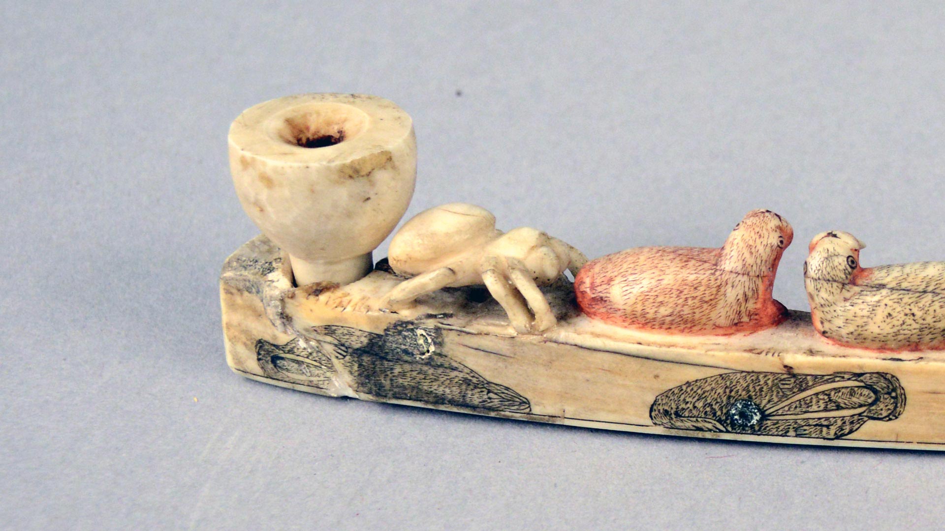 a closeup of a carving of a spider on an ivory pipe