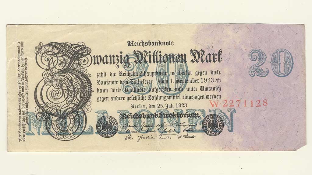 A 20 million German Papiermark of the Weimar Republic, post World War I hyperinflation era