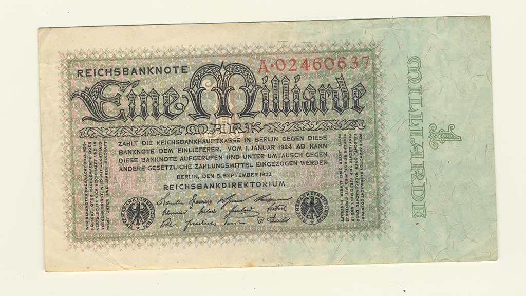A 1 milliard German Papiermark of the Weimar Republic, post World War I hyperinflation era