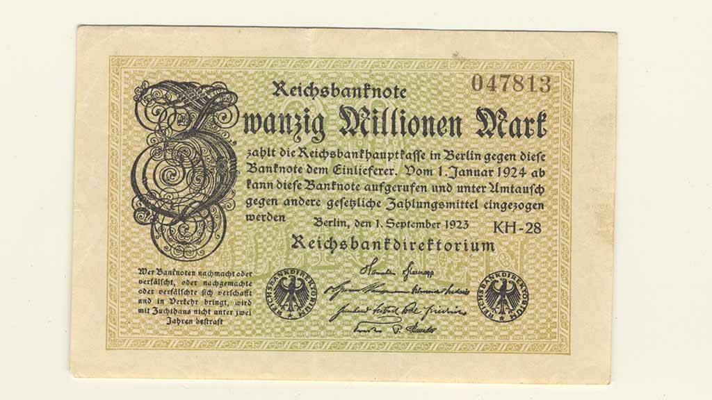 A 20 million German Papiermark of the Weimar Republic, post World War I hyperinflation era