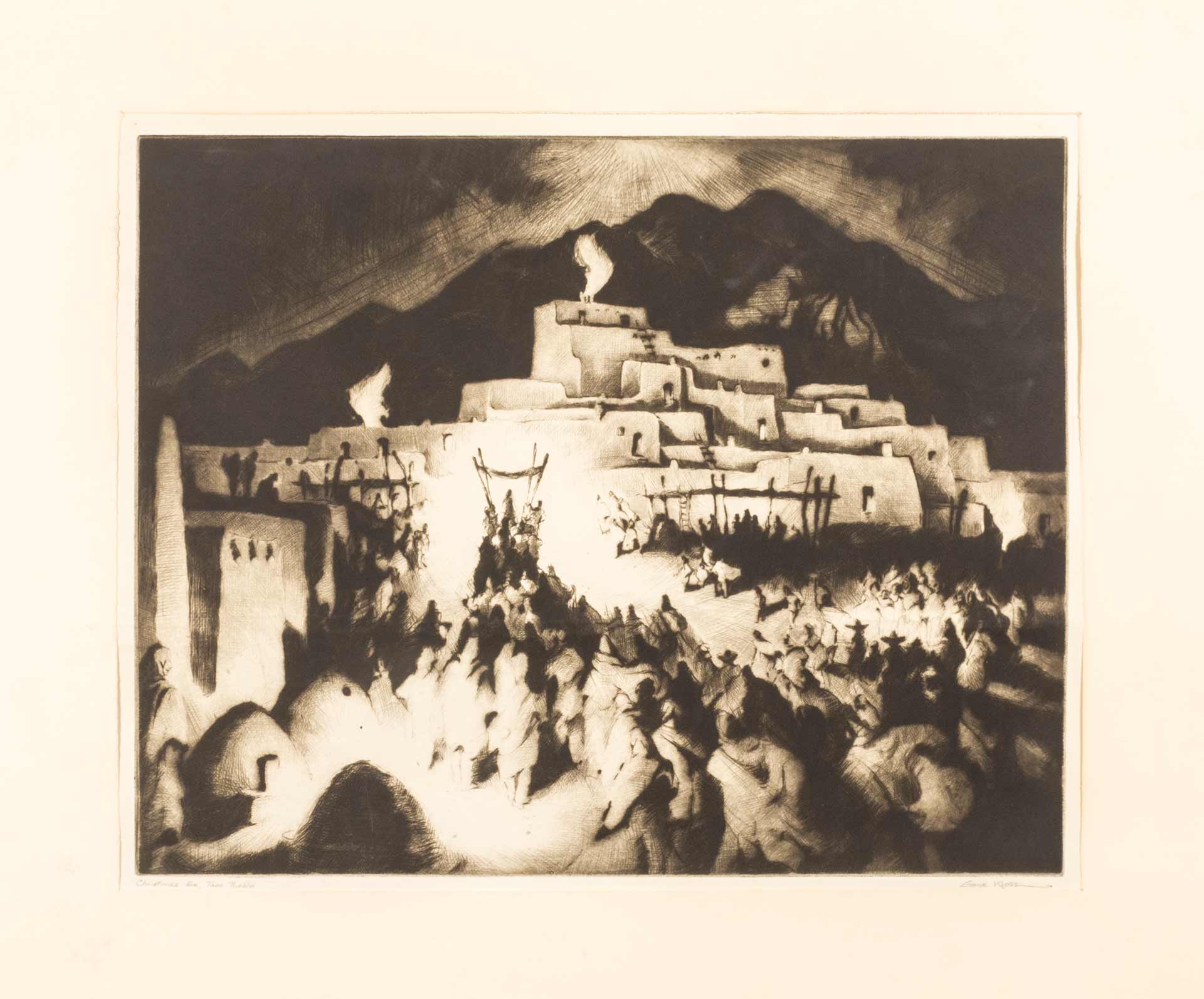 dark-toned sketch of a pueblo with flames and advancing crowd with mat