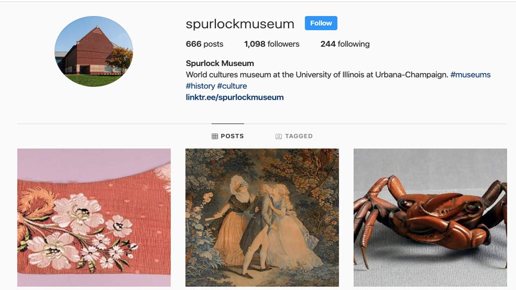 spurlock instagram screenshot with images of a flower fabric, print, and wooden crab