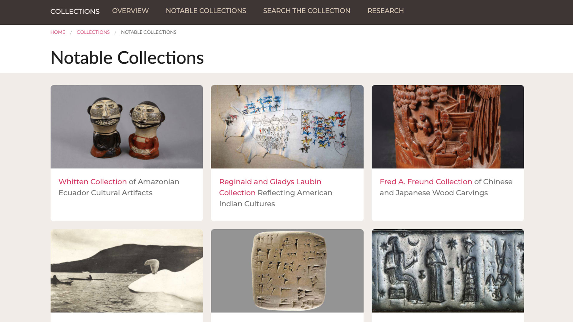 Notable collections page on website with 6 cards for collection profiles