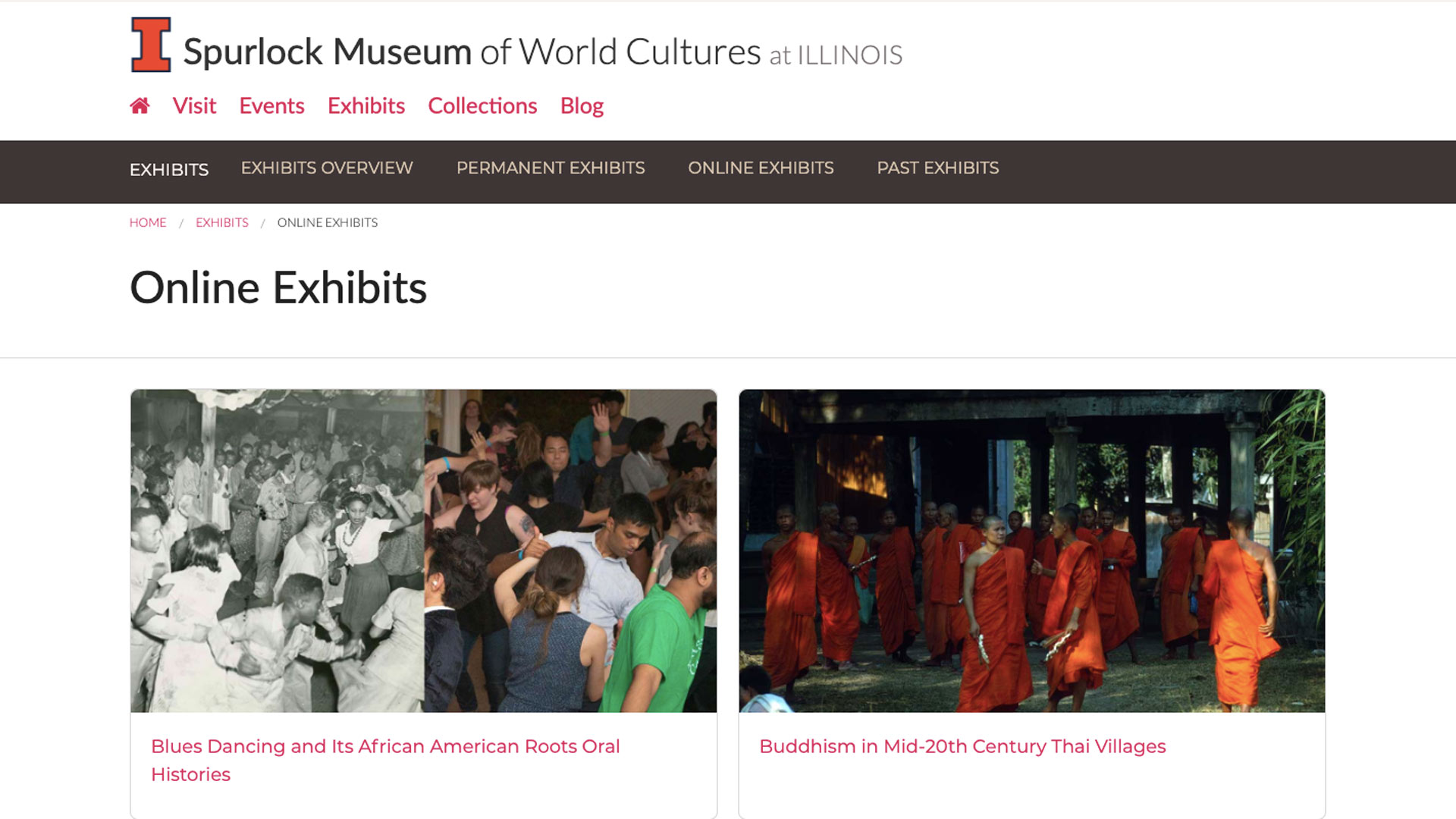 online exhibits page on website showing a blues exhibit and buddhism exhibit
