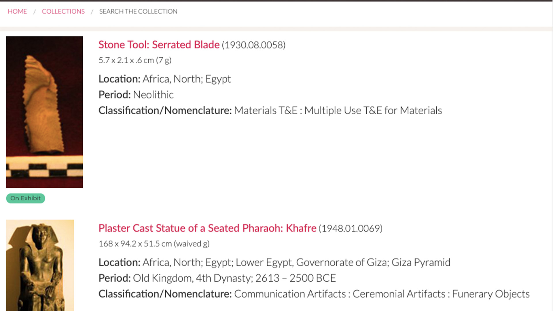screen shot of collections search results with Egyptian stone tool and plaster cast statue of khafre