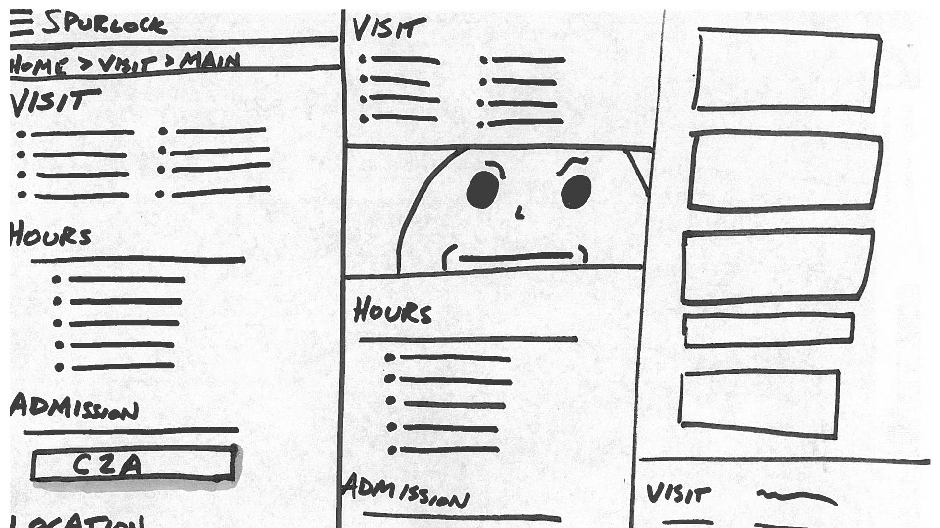 sketched design of Spurlock website with a drawn face in the middle of the page