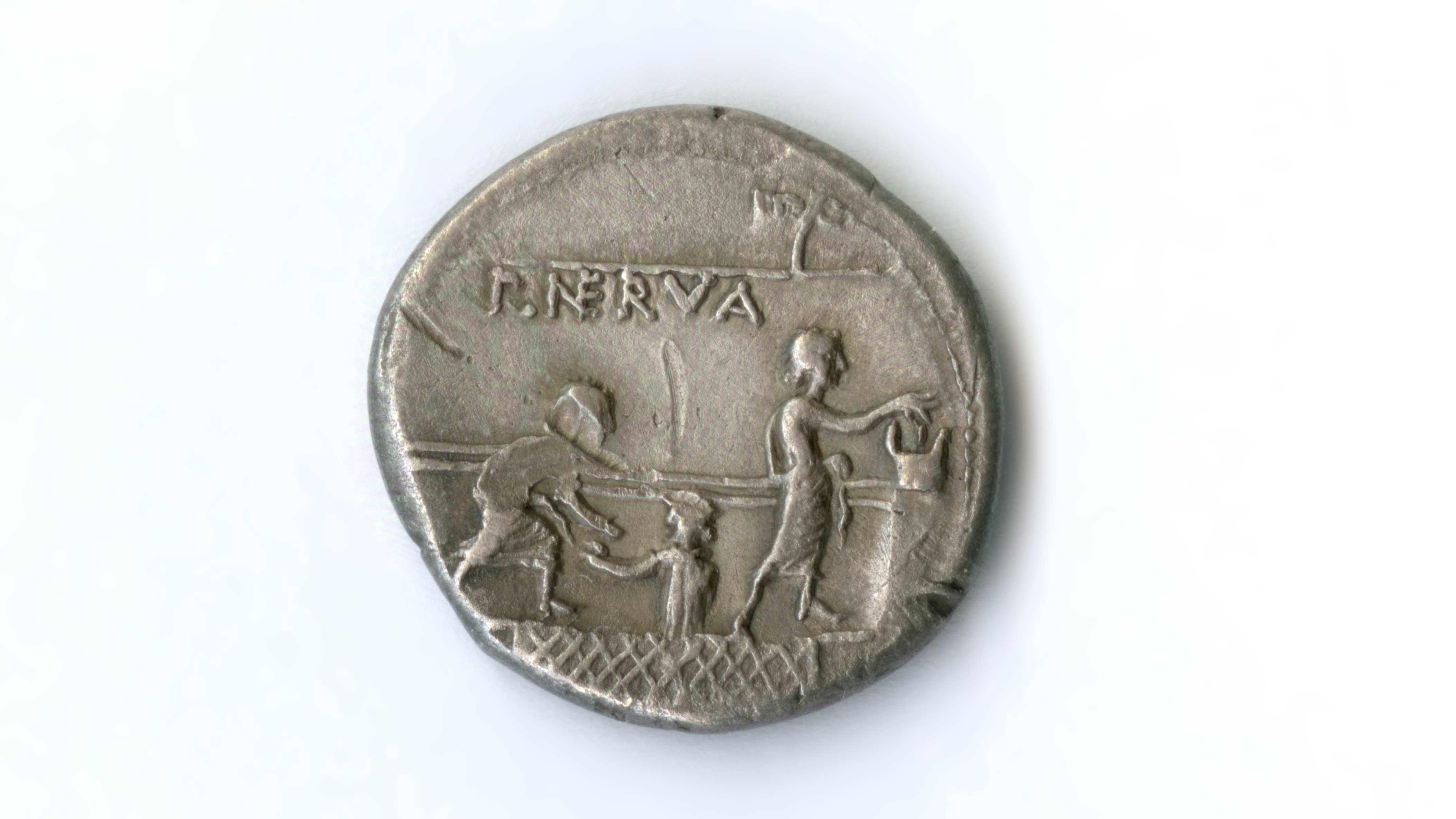 ancient coin with design featuring P. NERVA text and figures placing ballots
