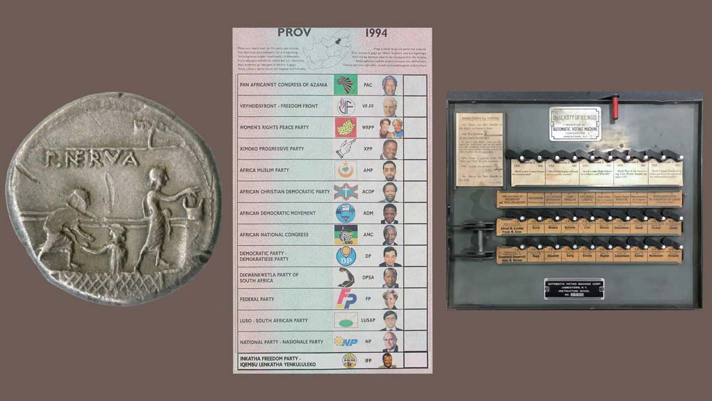 an image of a Roman coin next to an image of a ballot next to an image of an automatic voting machine