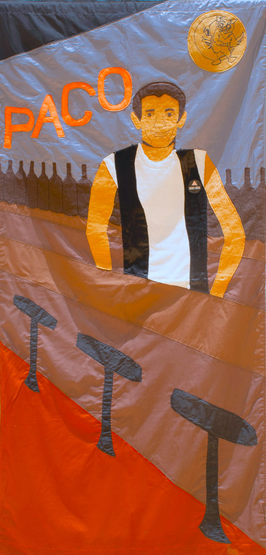 fabric panel showing a man at a bar 