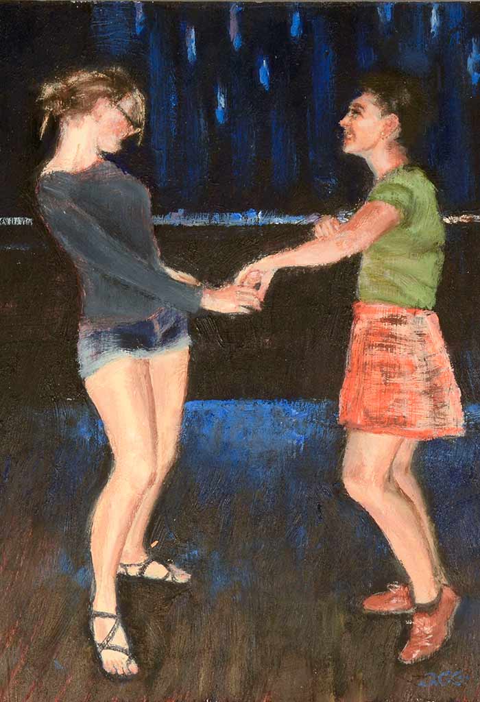 painting of two women dancing playfully holding hands with arms outstretched