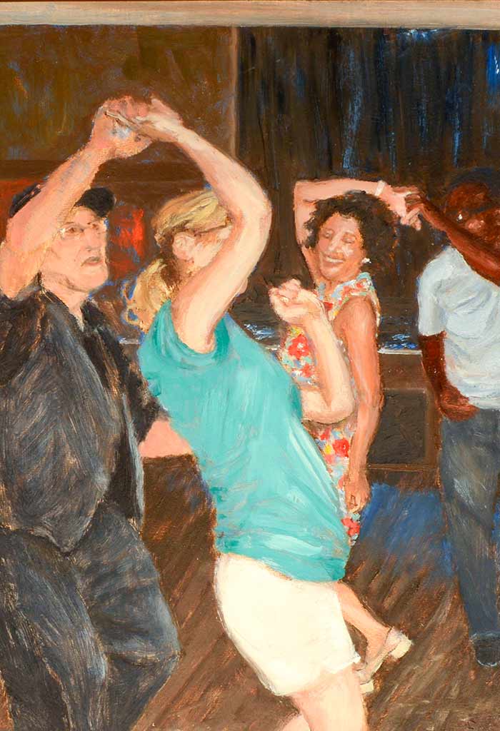 painting of two couples dancing in a bar, with hands connected over heads while smiling