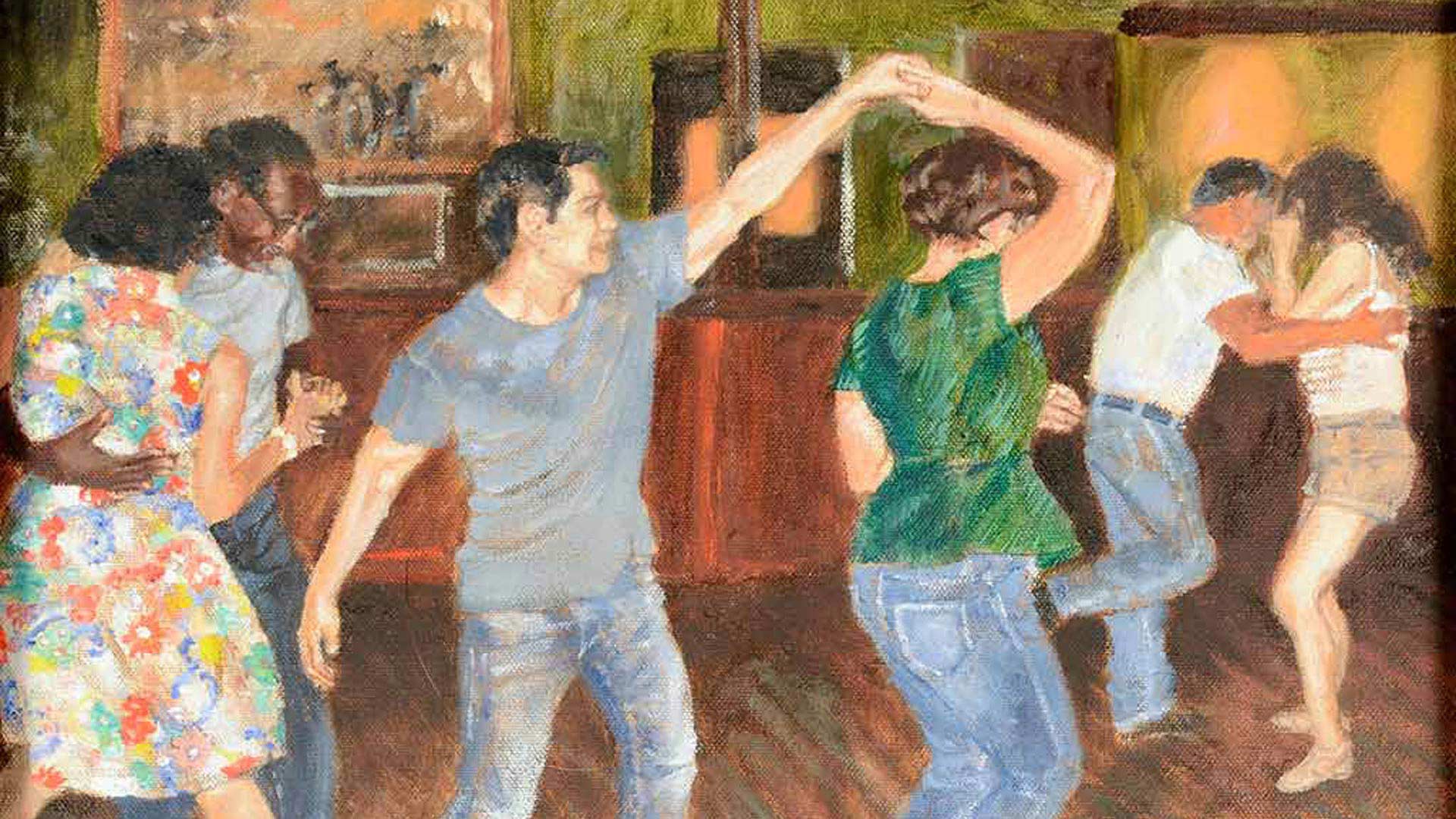 painting of three couples dancing in a bar in a lively style