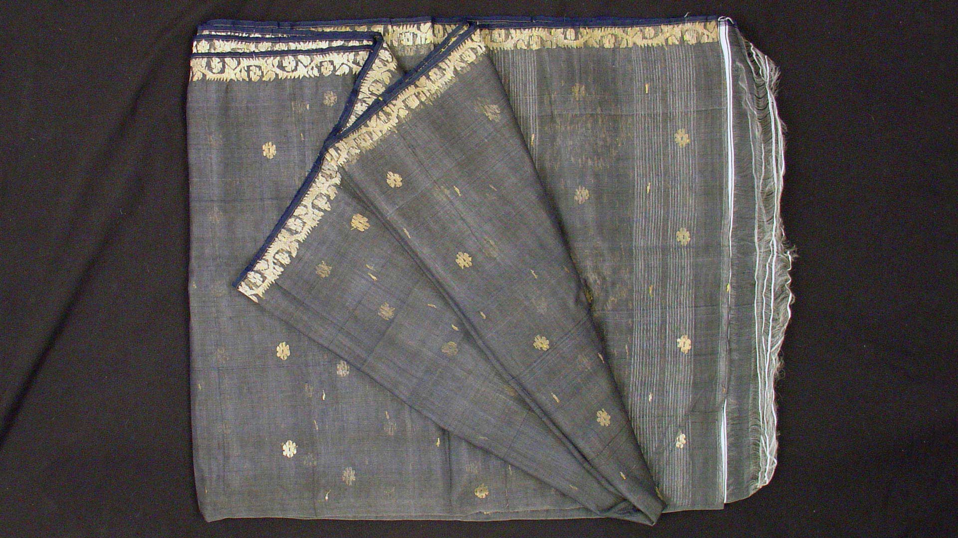 Grey sari with golden border and minor dotted pattern