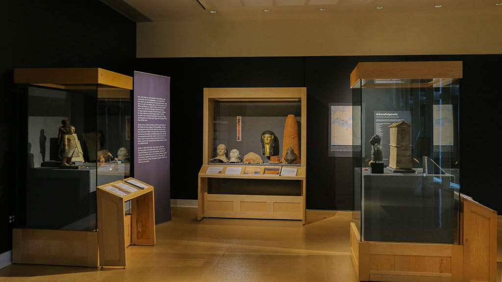 Overview of the gallery with exhibit related artifacts on display