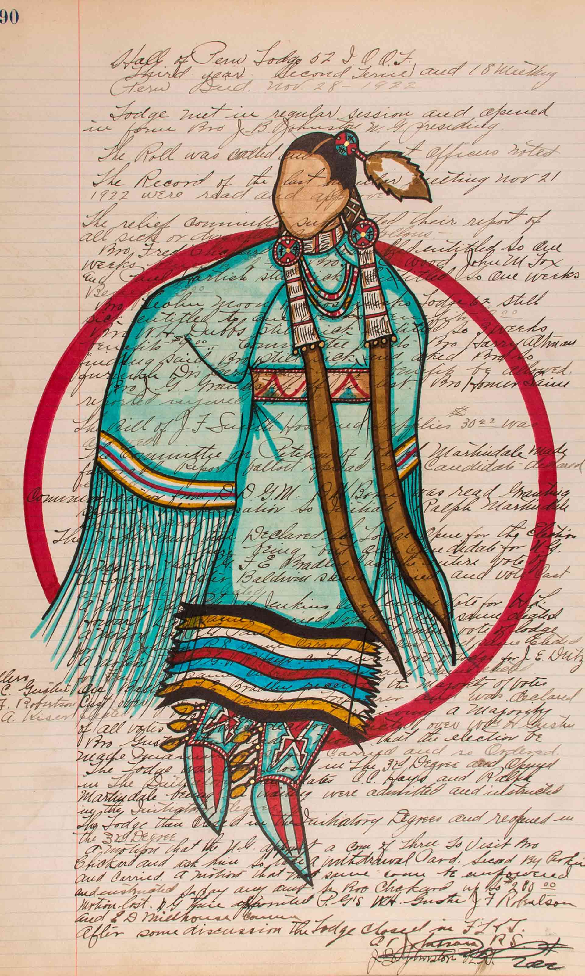 illustration of a Native American woman in blue clothing dancing with a red circle and handwritten text in the background