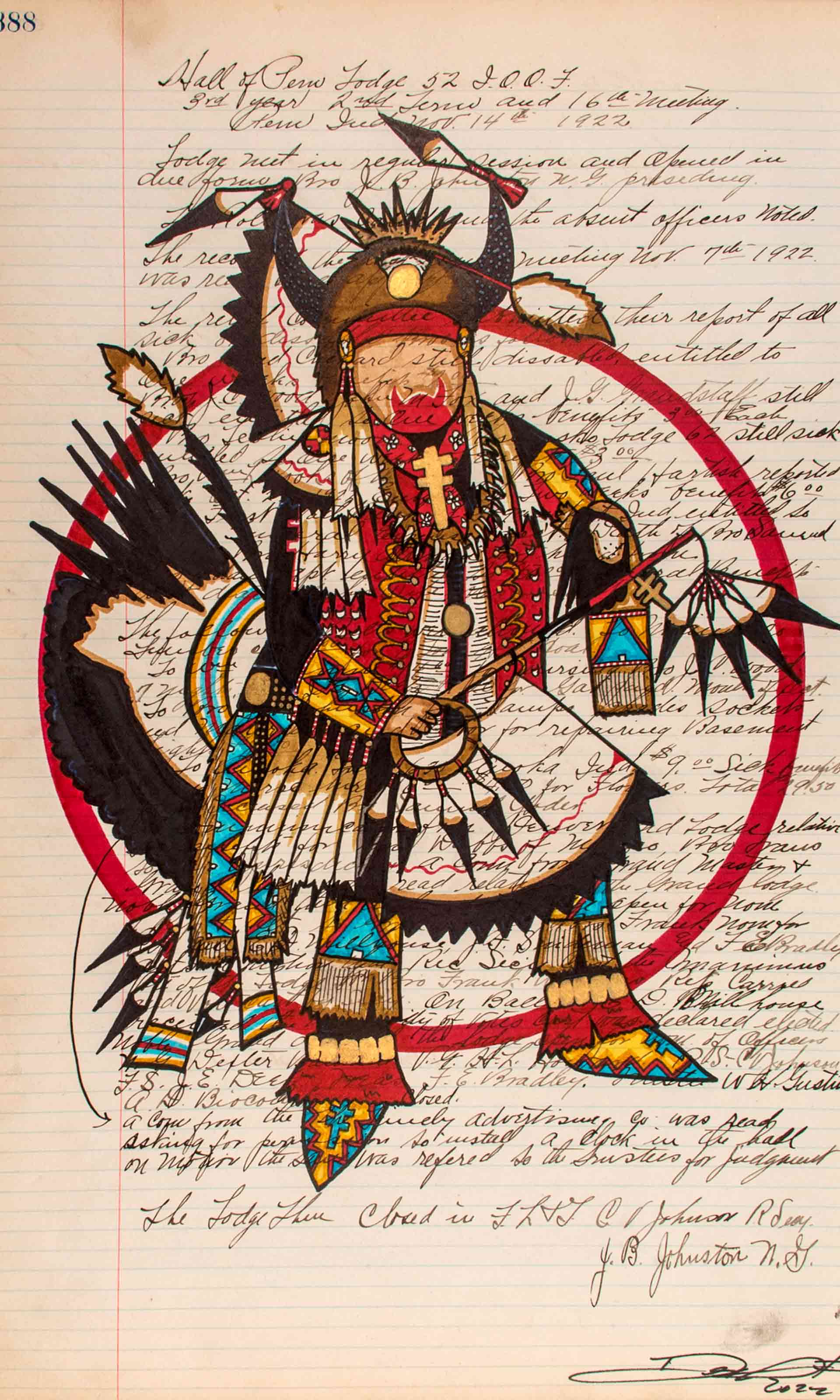 illustration of a Native American man wearing elaborate clothing and dancing with a red circle and handwritten text in the background