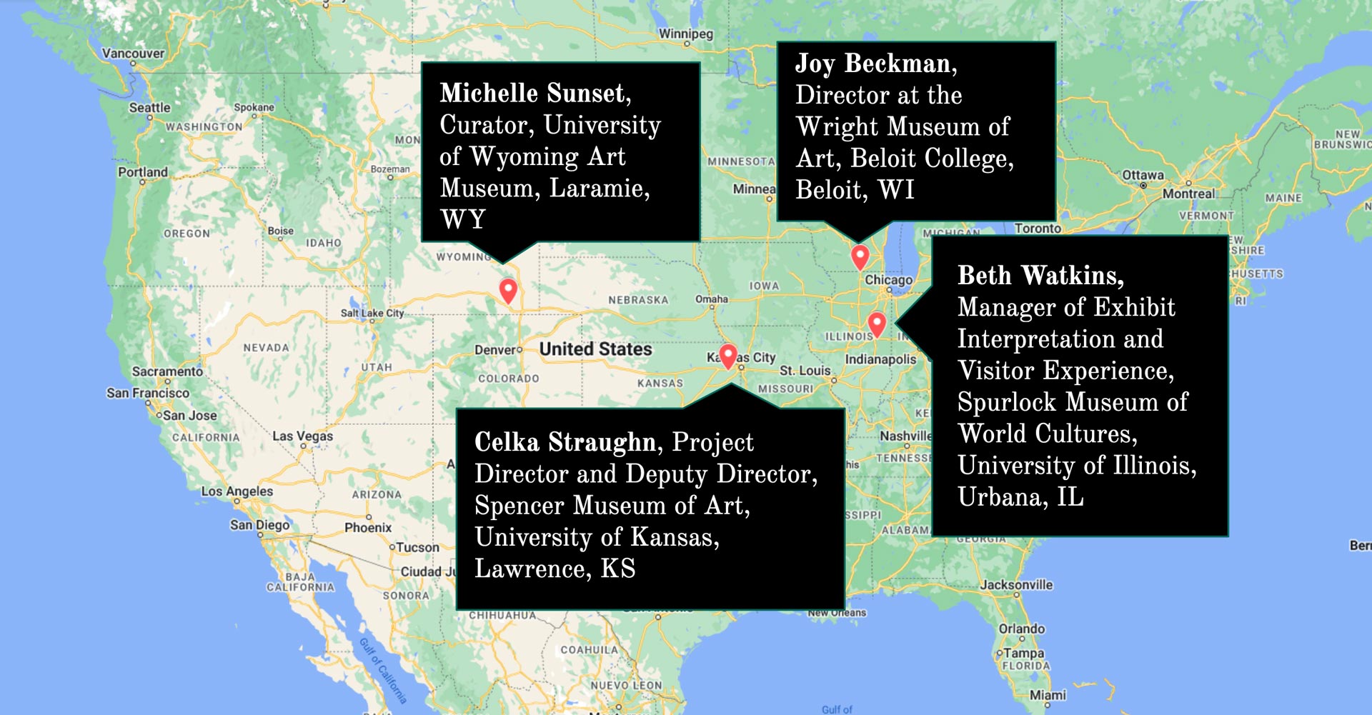 map of the US with four pins showing the names and respective universities of each panel presenter