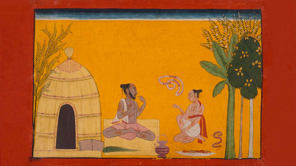 The sage Valmiki and pupil Bharadvaja sit next to green trees and a yellow hut on a mustard yellow background with a red frame
