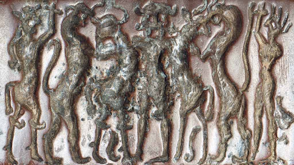 a scene of 7 figures including heroes and animals