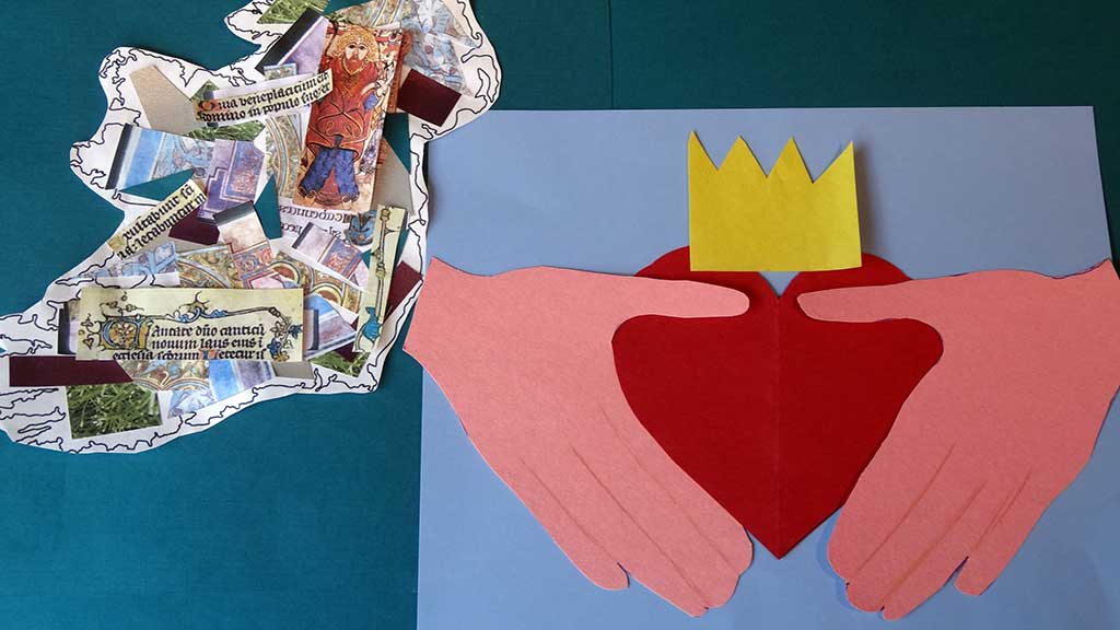 Old Irish paper collage with a collage paper of a paper heart, crown, and two hands.