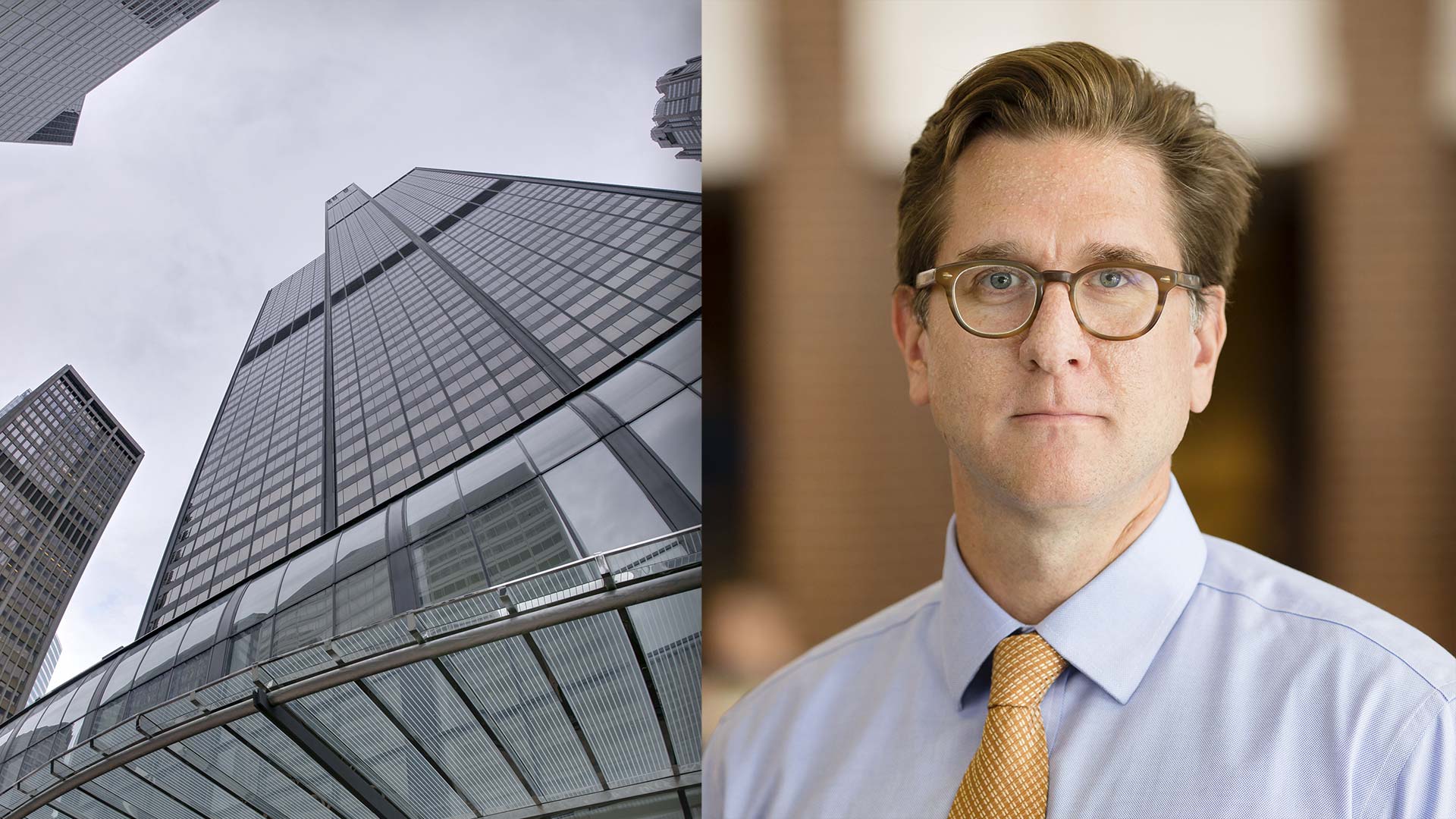 photo of willis tower and headshot photo of speaker travis mcdade