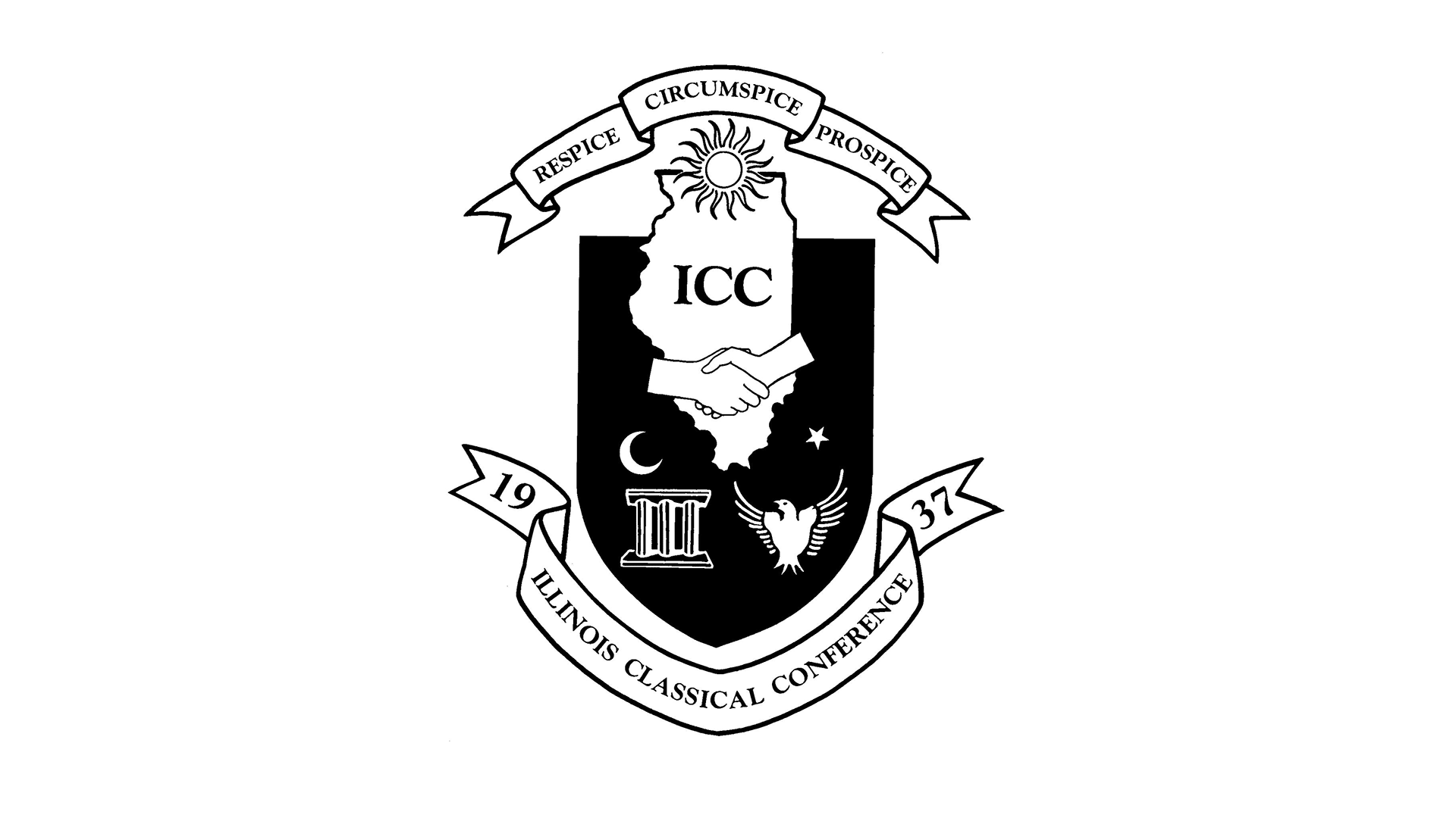 Illinois Classical Conference crest (respice, circumspice, prospice, 1937) with sun, handshake, moon, star, pillars, eagle