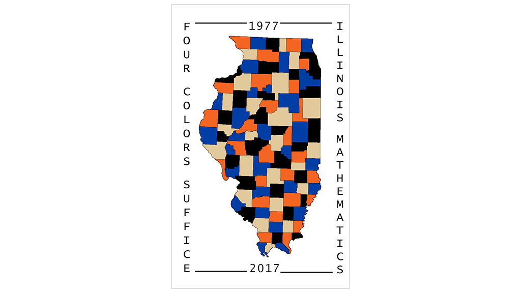 Four-colored county map of Illinois bounded by rectangular outline of text