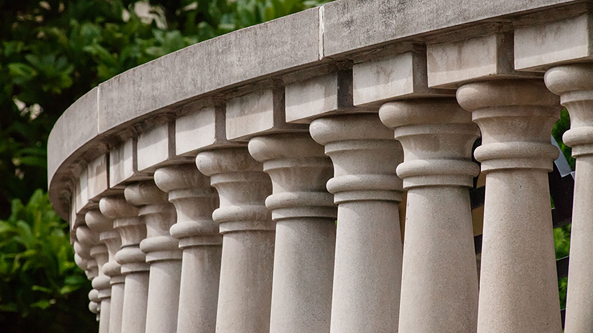 Architectural detail of column railing outside of Foellinger Auditorium