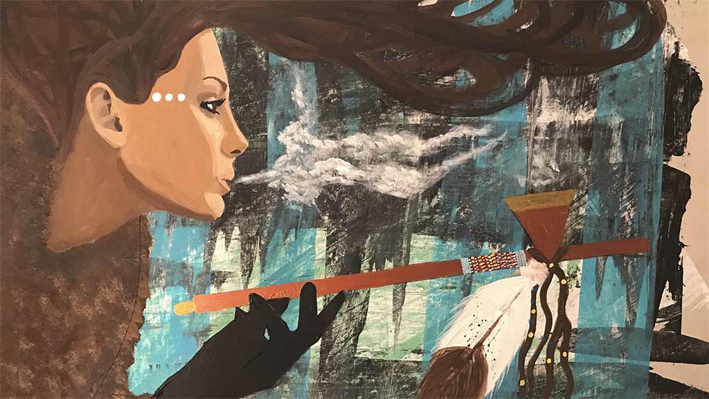 Painting of a woman with long brown hair blowing smoke from a pipe