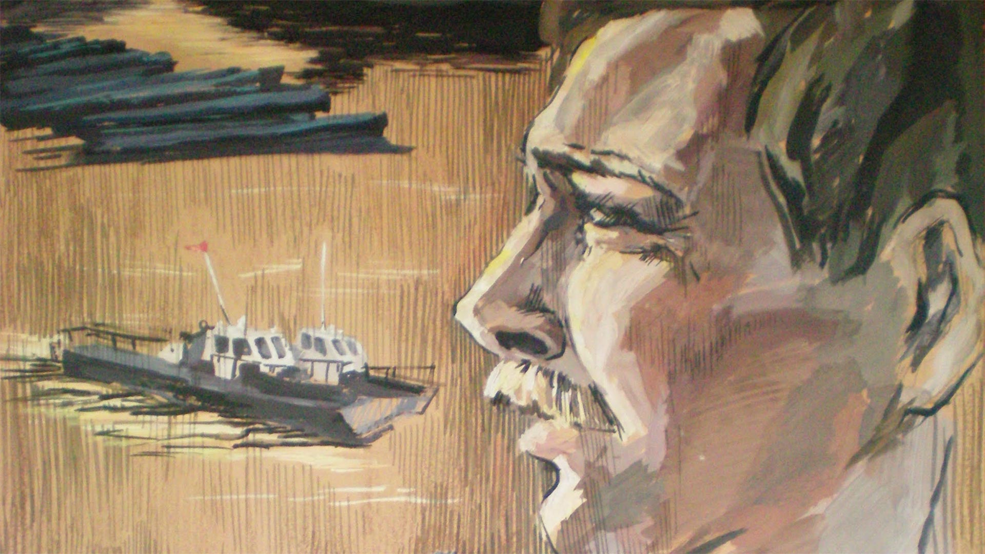 illustration of a man looking left. In the background is transportation for carrying lumber on a river.
